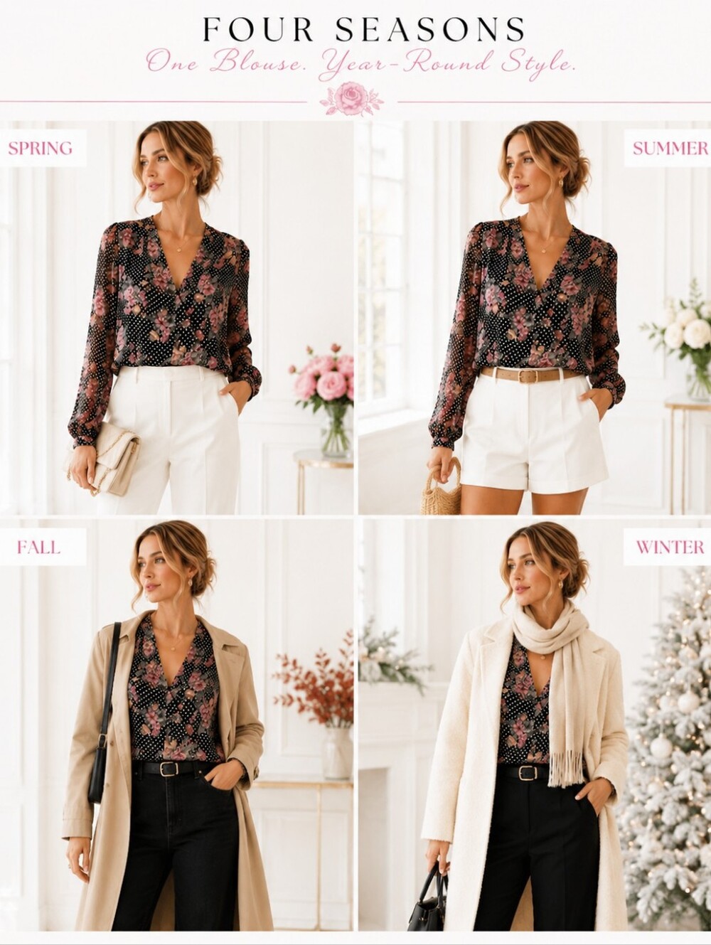 Bellatrix | Romantic Floral Semi-Sheer Wrap Blouse Black Pink | Size Medium - Picture 4 of 11